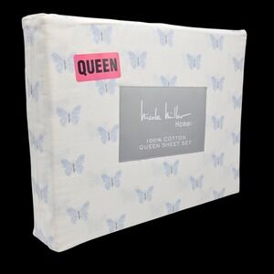 Nicole Miller Queen Sheet Set of 4pc White Blue Butterfly Print 100% Cotton